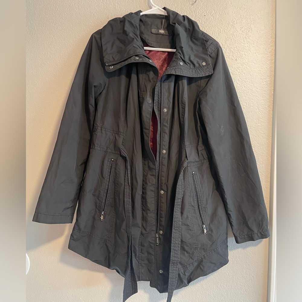 Tumi Black Belted Jacket with Burgundy Liner